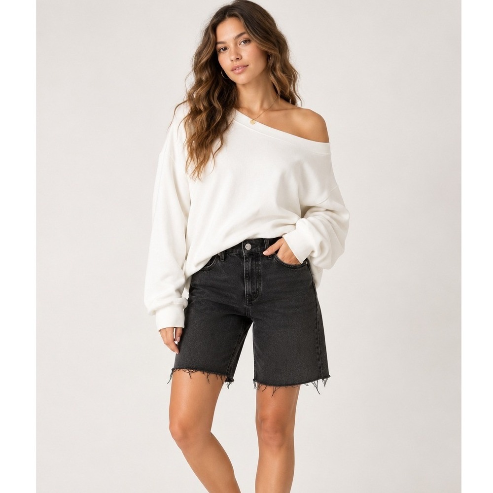 Free People Avery Black Ash Bermuda Denim Jort Shorts Raw Hem NWT Size 24